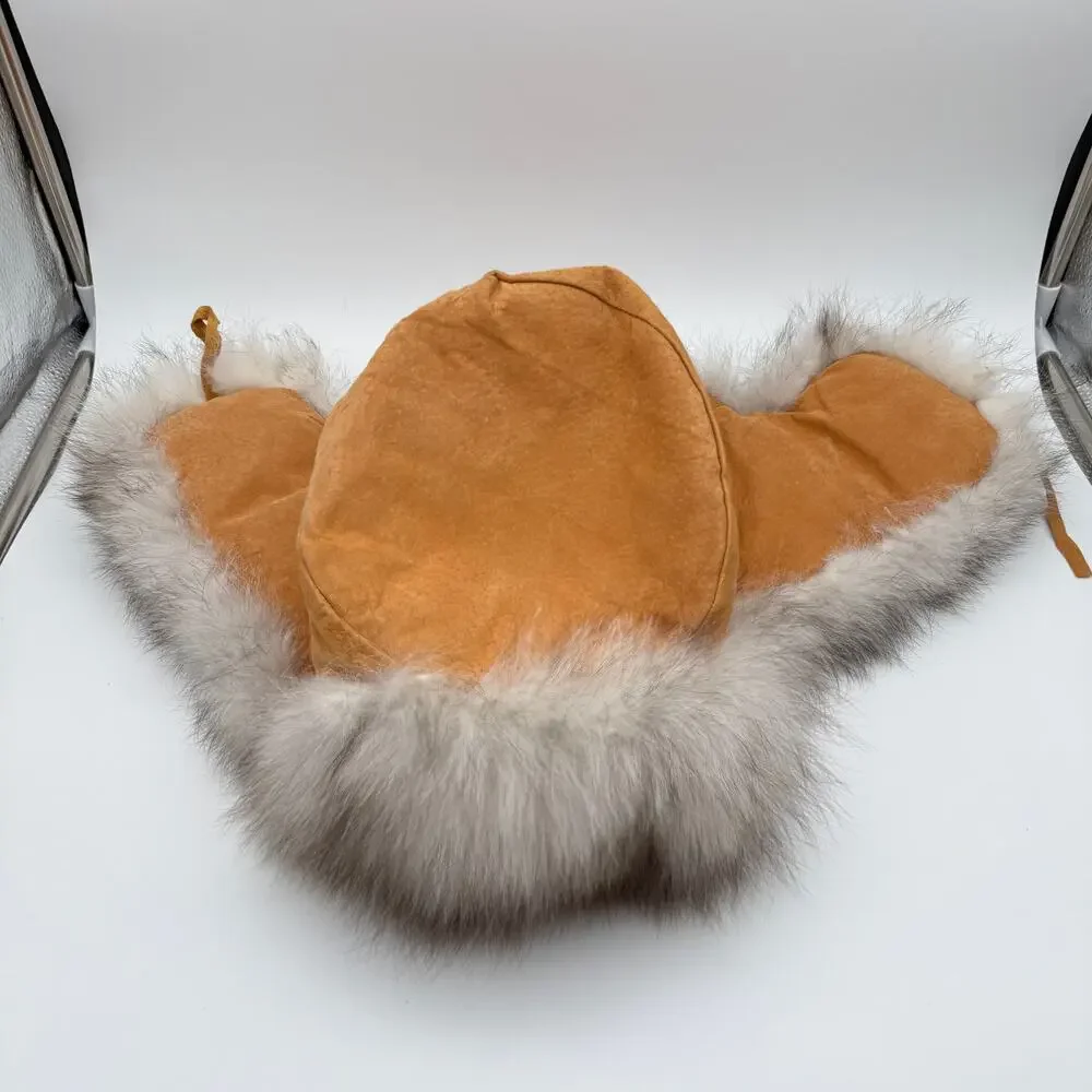 Genuine Rabbit Fur Trapper Hat Ushanka Made in Russia Tan Suede Vintage